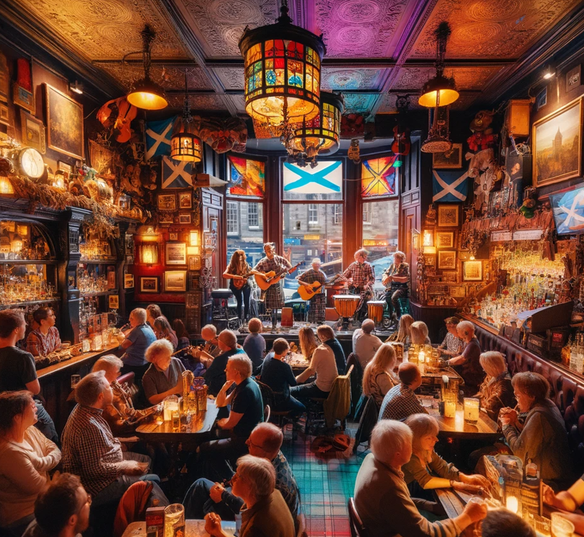 A cosy and bustling live music bar in Edinburgh, filled with a diverse crowd enjoying a band playing traditional Scottish music. The bar's interior is warmly lit and decorated with Scottish motifs, creating a welcoming and culturally rich environment typical